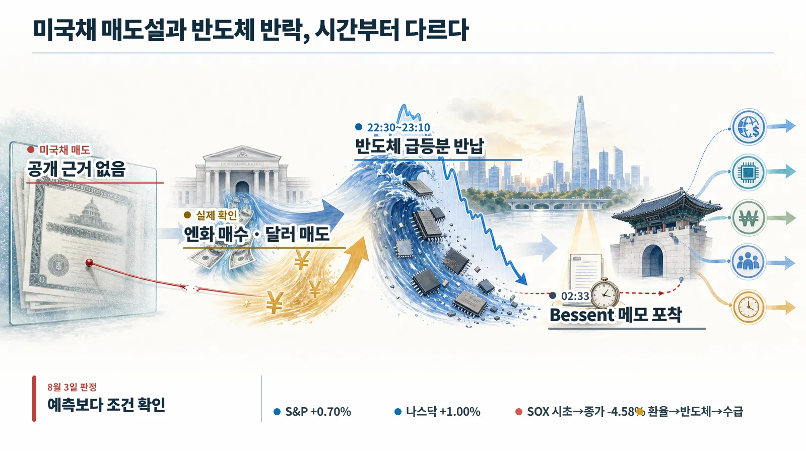 미국채 매도설의 증거 공백, 실제 엔화 매수 개입 메커니즘, 미국 반도체 장중 반락의 시간순서, 8월 3일 한국장 조건을 연결한 한 장 전체 요약
