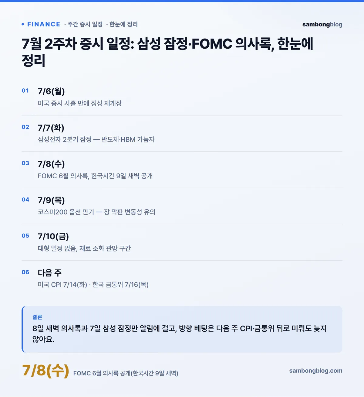 이번 주 핵심 정리: 최대 이벤트 7/8 FOMC 의사록(한국시간 9일 새벽), 7/7 삼성 잠정, 미국 휴장은 지난주 종료, CPI(7/14)·금통위(7/16)는 다음 주