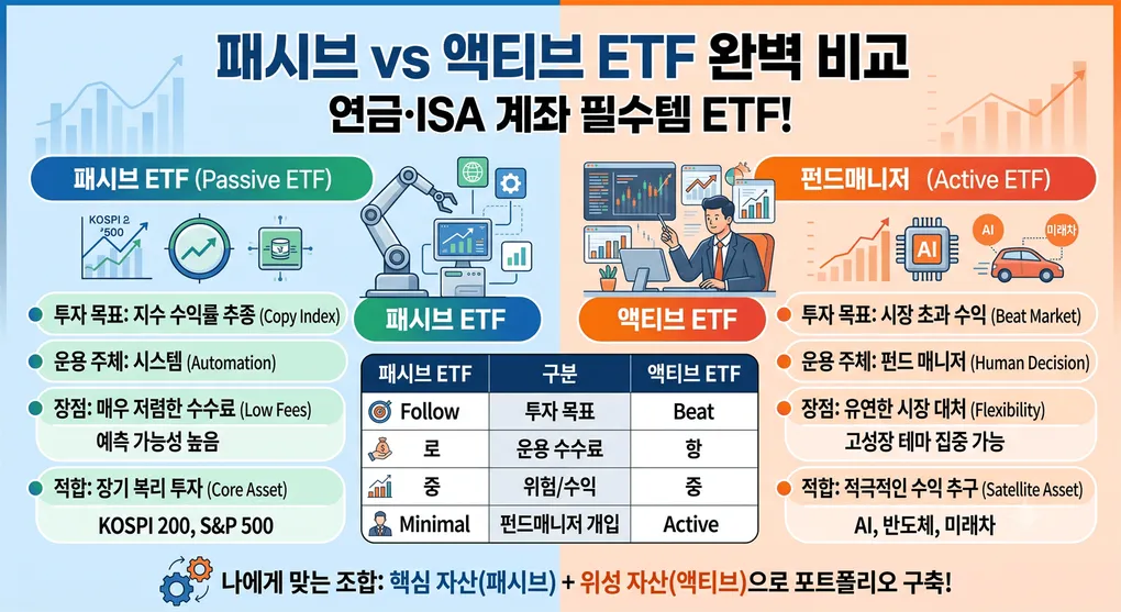 [ETF 완벽 비교] 패시브 vs 액티브 — 연금·ISA에 뭘 담을까? (+ 상관계수 0.7의 함정)