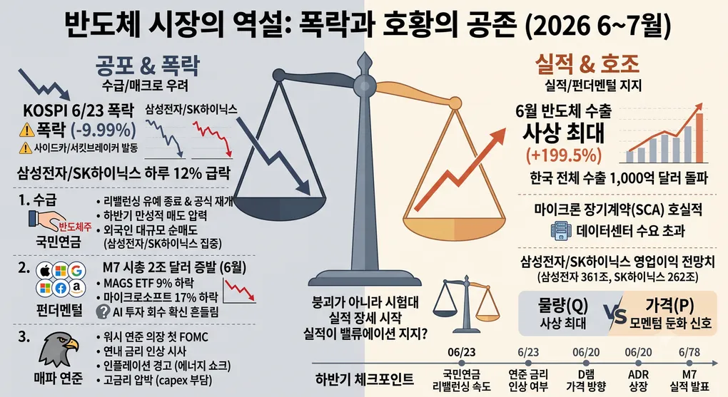 반도체 시장의 역설 — 수출은 사상 최대인데 왜 주가는 폭락했나 (수급·펀더멘털·매크로 검증)