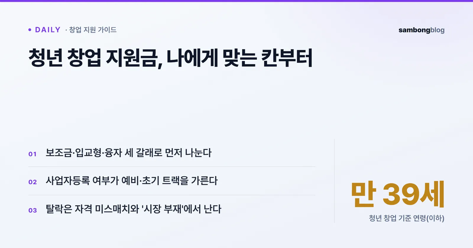 청년 창업 지원금 세 갈래(보조금·보조금+인프라·융자)와 나를 먼저 분류하는 순서를 요약한 카드