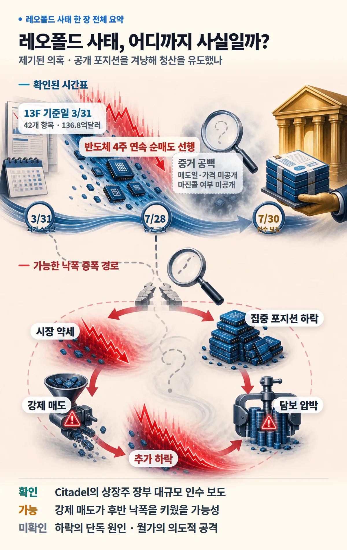 레오폴드 사태 한 장 전체 요약: 13F 공개 범위와 선행 매도, 증거 공백, 가능한 강제매도 증폭 경로, 확인·가능·미확인 판정