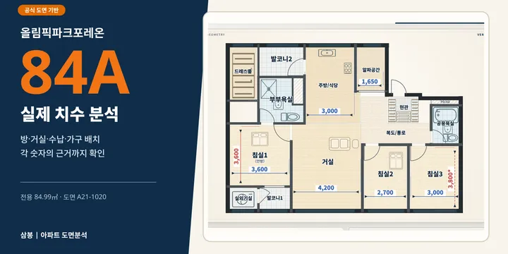 올림픽파크포레온 84A 실제 치수·가구·벽·수납 분석