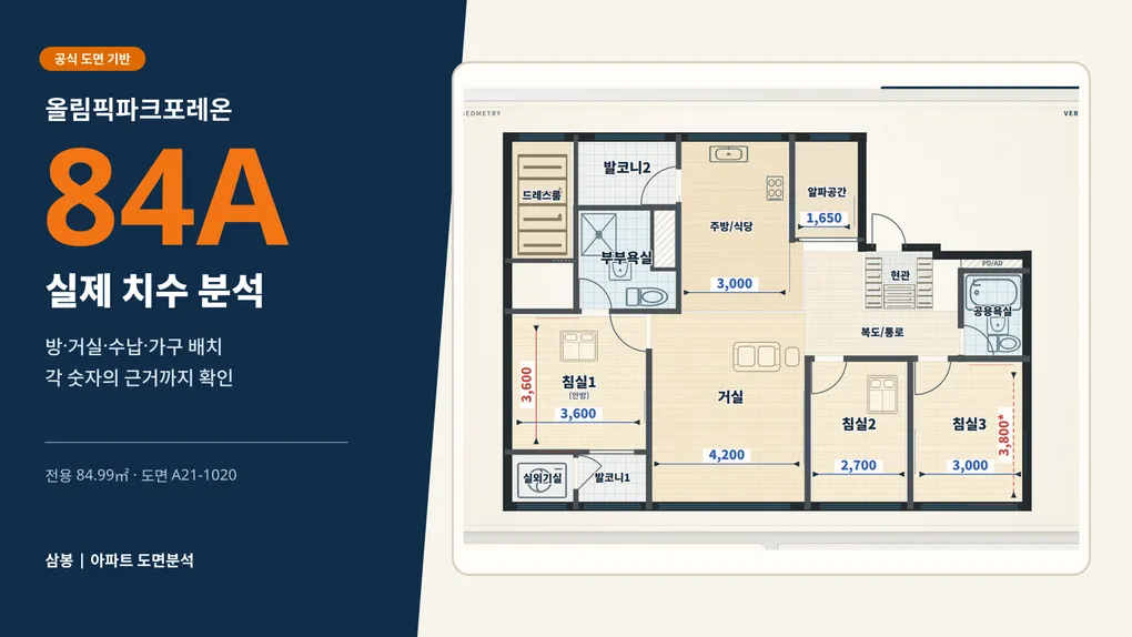 올림픽파크포레온 84A 실제 치수·가구·벽·수납 분석